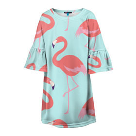 Детское платье 3D с принтом Flamingos pattern в Белгороде, 100% полиэстер | прямой силуэт, чуть расширенный к низу. Круглая горловина, на рукавах — воланы | animals | beautiful | bird | birds | birdy | blue | color | flamingo | nature | wild | белое | голубое | животные | красивое | красота | милое | природа | птица | птицы | птичка | птички | синее | фламинго | цвет | яркое