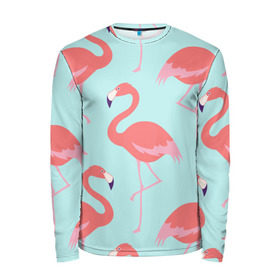 Мужской лонгслив 3D с принтом Flamingos pattern в Белгороде, 100% полиэстер | длинные рукава, круглый вырез горловины, полуприлегающий силуэт | animals | beautiful | bird | birds | birdy | blue | color | flamingo | nature | wild | белое | голубое | животные | красивое | красота | милое | природа | птица | птицы | птичка | птички | синее | фламинго | цвет | яркое