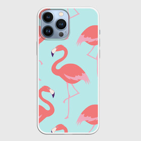 Чехол для iPhone 13 Pro Max с принтом Flamingos pattern в Белгороде,  |  | Тематика изображения на принте: animals | beautiful | bird | birds | birdy | blue | color | flamingo | nature | wild | белое | голубое | животные | красивое | красота | милое | природа | птица | птицы | птичка | птички | синее | фламинго | цвет | яркое