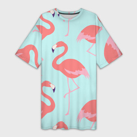 Платье-футболка 3D с принтом Flamingos pattern в Белгороде,  |  | Тематика изображения на принте: animals | beautiful | bird | birds | birdy | blue | color | flamingo | nature | wild | белое | голубое | животные | красивое | красота | милое | природа | птица | птицы | птичка | птички | синее | фламинго | цвет | яркое