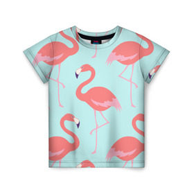 Детская футболка 3D с принтом Flamingos pattern в Белгороде, 100% гипоаллергенный полиэфир | прямой крой, круглый вырез горловины, длина до линии бедер, чуть спущенное плечо, ткань немного тянется | animals | beautiful | bird | birds | birdy | blue | color | flamingo | nature | wild | белое | голубое | животные | красивое | красота | милое | природа | птица | птицы | птичка | птички | синее | фламинго | цвет | яркое