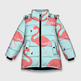 Зимняя куртка для девочек 3D с принтом Flamingos pattern в Белгороде, ткань верха — 100% полиэстер; подклад — 100% полиэстер, утеплитель — 100% полиэстер. | длина ниже бедра, удлиненная спинка, воротник стойка и отстегивающийся капюшон. Есть боковые карманы с листочкой на кнопках, утяжки по низу изделия и внутренний карман на молнии. 

Предусмотрены светоотражающий принт на спинке, радужный светоотражающий элемент на пуллере молнии и на резинке для утяжки. | Тематика изображения на принте: animals | beautiful | bird | birds | birdy | blue | color | flamingo | nature | wild | белое | голубое | животные | красивое | красота | милое | природа | птица | птицы | птичка | птички | синее | фламинго | цвет | яркое