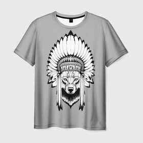 Мужская футболка 3D с принтом Indian wolf в Белгороде, 100% полиэфир | прямой крой, круглый вырез горловины, длина до линии бедер | indian | wolf | волк | голова животного | индеец | перья