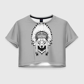 Женская футболка 3D укороченная с принтом Indian wolf в Белгороде, 100% полиэстер | круглая горловина, длина футболки до линии талии, рукава с отворотами | indian | wolf | волк | голова животного | индеец | перья