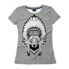 Женская футболка 3D с принтом Indian wolf в Белгороде, 100% полиэфир ( синтетическое хлопкоподобное полотно) | прямой крой, круглый вырез горловины, длина до линии бедер | indian | wolf | волк | голова животного | индеец | перья