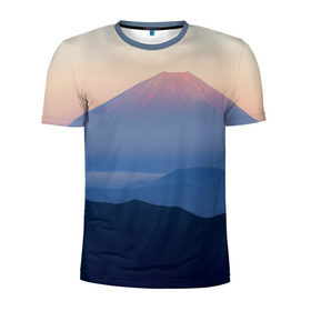 Мужская футболка 3D спортивная с принтом Фудзияма в Белгороде, 100% полиэстер с улучшенными характеристиками | приталенный силуэт, круглая горловина, широкие плечи, сужается к линии бедра | fuji | вулкан | горы | рассвет | солнце | туман | утро | япония