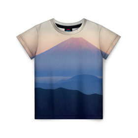 Детская футболка 3D с принтом Фудзияма в Белгороде, 100% гипоаллергенный полиэфир | прямой крой, круглый вырез горловины, длина до линии бедер, чуть спущенное плечо, ткань немного тянется | fuji | вулкан | горы | рассвет | солнце | туман | утро | япония