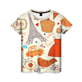 Женская футболка 3D с принтом Paris pattern в Белгороде, 100% полиэфир ( синтетическое хлопкоподобное полотно) | прямой крой, круглый вырез горловины, длина до линии бедер | 3d | love | арт | еда | любовь | надписи | париж | паттерн | птицы | сердечки | текстура