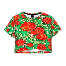 Женская футболка 3D укороченная с принтом Узор из цветов в Белгороде, 100% полиэстер | круглая горловина, длина футболки до линии талии, рукава с отворотами | 3d | арт | астры | красные | ромашки | узор | цветы