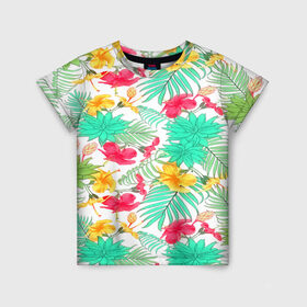Детская футболка 3D с принтом Tropical pattern в Белгороде, 100% гипоаллергенный полиэфир | прямой крой, круглый вырез горловины, длина до линии бедер, чуть спущенное плечо, ткань немного тянется | 3d | арт | лето | пальмы | текстура | тропический | узор | цветы