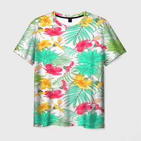 Мужская футболка 3D с принтом Tropical pattern в Белгороде, 100% полиэфир | прямой крой, круглый вырез горловины, длина до линии бедер | 3d | арт | лето | пальмы | текстура | тропический | узор | цветы