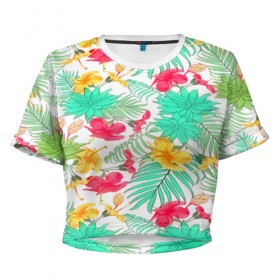 Женская футболка 3D укороченная с принтом Tropical pattern в Белгороде, 100% полиэстер | круглая горловина, длина футболки до линии талии, рукава с отворотами | 3d | арт | лето | пальмы | текстура | тропический | узор | цветы