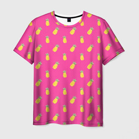 Мужская футболка 3D с принтом Ананасы в Белгороде, 100% полиэфир | прямой крой, круглый вырез горловины, длина до линии бедер | акварель | ананас | арт | лето | орнамент | паттерн | розовый | тропики | узор | фрукт | фрукты