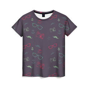 Женская футболка 3D с принтом Хипстер в Белгороде, 100% полиэфир ( синтетическое хлопкоподобное полотно) | прямой крой, круглый вырез горловины, длина до линии бедер | hipster | очки | усы | фотик | фотоаппарат | хипстер | якорь