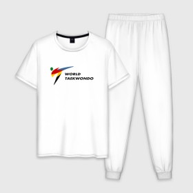 Мужская пижама хлопок с принтом World Taekwondo logo в Белгороде, 100% хлопок | брюки и футболка прямого кроя, без карманов, на брюках мягкая резинка на поясе и по низу штанин
 | Тематика изображения на принте: world taekwondo | wt | логотип | тхэквондо