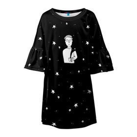Детское платье 3D с принтом Чай Космос в Белгороде, 100% полиэстер | прямой силуэт, чуть расширенный к низу. Круглая горловина, на рукавах — воланы | Тематика изображения на принте: звезды | корабль | космонавт | кофе | мужчина | небо | ночь | парень | черно белый | эмоции