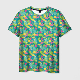Мужская футболка 3D с принтом Гаваи в Белгороде, 100% полиэфир | прямой крой, круглый вырез горловины, длина до линии бедер | aloha | fruits | hawaii | summer | ананас | арбуз | гаваи | пальмы | пляж | солнце | тропики | фламинго | флорида | фрукты