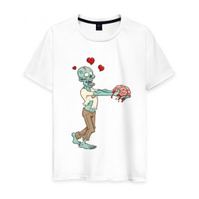 Мужская футболка хлопок с принтом Zombie love в Белгороде, 100% хлопок | прямой крой, круглый вырез горловины, длина до линии бедер, слегка спущенное плечо. | brain | heart | love | zombie | зомби | любовь | мозги | сердце