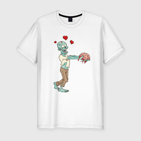 Мужская футболка премиум с принтом Zombie love в Белгороде, 92% хлопок, 8% лайкра | приталенный силуэт, круглый вырез ворота, длина до линии бедра, короткий рукав | brain | heart | love | zombie | зомби | любовь | мозги | сердце