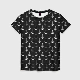 Женская футболка 3D с принтом Якорьки в Белгороде, 100% полиэфир ( синтетическое хлопкоподобное полотно) | прямой крой, круглый вырез горловины, длина до линии бедер | 3d | арт | лето | море | морские | текстура | черно белые | якорь