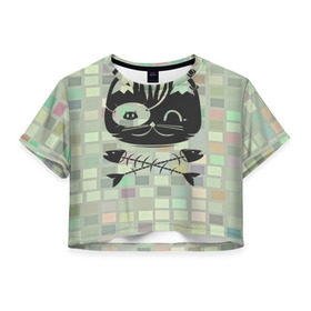 Женская футболка 3D укороченная с принтом Пиратский кот в Белгороде, 100% полиэстер | круглая горловина, длина футболки до линии талии, рукава с отворотами | 3d | арт | животные | кости | кот | кубики | пират | текстуры | череп
