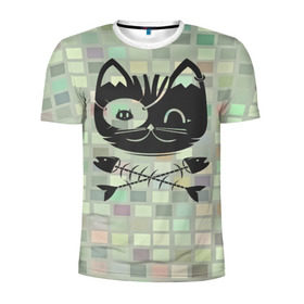 Мужская футболка 3D спортивная с принтом Пиратский кот в Белгороде, 100% полиэстер с улучшенными характеристиками | приталенный силуэт, круглая горловина, широкие плечи, сужается к линии бедра | Тематика изображения на принте: 3d | арт | животные | кости | кот | кубики | пират | текстуры | череп