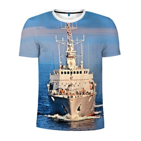 Мужская футболка 3D спортивная с принтом Тральщик в Белгороде, 100% полиэстер с улучшенными характеристиками | приталенный силуэт, круглая горловина, широкие плечи, сужается к линии бедра | Тематика изображения на принте: балтийское море | корабль | судно | флот