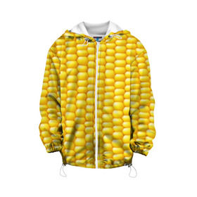 Детская куртка 3D с принтом Сладкая вареная кукуруза в Белгороде, 100% полиэстер | застежка — молния, подол и капюшон оформлены резинкой с фиксаторами, по бокам — два кармана без застежек, один потайной карман на груди, плотность верхнего слоя — 90 г/м2; плотность флисового подклада — 260 г/м2 | еда | кукуруза