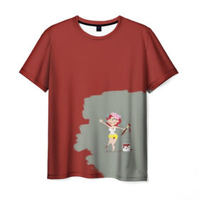 Мужская футболка 3D с принтом Рыжая красит в красный в Белгороде, 100% полиэфир | прямой крой, круглый вырез горловины, длина до линии бедер |  банка | девушка | женщина | капли | кисточка | кисть | краска | красная | маляр | мульт | мультяшка | недокрашенная | прикол | рыжеволосая | следы | строитель