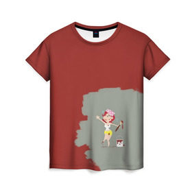 Женская футболка 3D с принтом Рыжая красит в красный в Белгороде, 100% полиэфир ( синтетическое хлопкоподобное полотно) | прямой крой, круглый вырез горловины, длина до линии бедер | Тематика изображения на принте:  банка | девушка | женщина | капли | кисточка | кисть | краска | красная | маляр | мульт | мультяшка | недокрашенная | прикол | рыжеволосая | следы | строитель