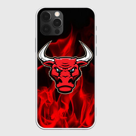 Чехол для iPhone 12 Pro с принтом Angry bull в Белгороде, силикон | область печати: задняя сторона чехла, без боковых панелей | 3d | angry bull | in fire | бык | в огне | дым | животные | мощь | огненный | огонь | пламя | пожар | сила | стихия