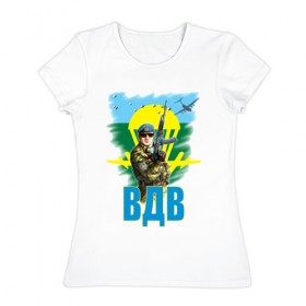 Женская футболка хлопок с принтом ВДВ в Белгороде, 100% хлопок | прямой крой, круглый вырез горловины, длина до линии бедер, слегка спущенное плечо | 
