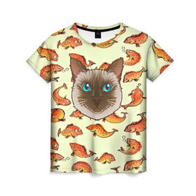 Женская футболка 3D с принтом Котик в рыбках! в Белгороде, 100% полиэфир ( синтетическое хлопкоподобное полотно) | прямой крой, круглый вырез горловины, длина до линии бедер | животные | коты | котэ | котята | милые животные | прикольные | рыба | рыбки | цветные | яркие