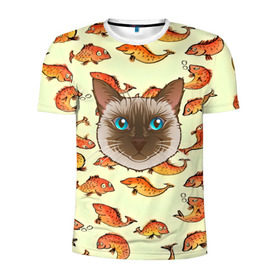 Мужская футболка 3D спортивная с принтом Котик в рыбках! в Белгороде, 100% полиэстер с улучшенными характеристиками | приталенный силуэт, круглая горловина, широкие плечи, сужается к линии бедра | животные | коты | котэ | котята | милые животные | прикольные | рыба | рыбки | цветные | яркие