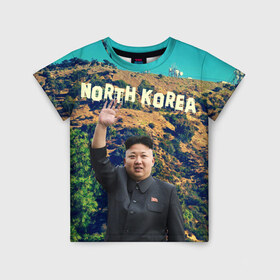 Детская футболка 3D с принтом NORTH KOREA в Белгороде, 100% гипоаллергенный полиэфир | прямой крой, круглый вырез горловины, длина до линии бедер, чуть спущенное плечо, ткань немного тянется | Тематика изображения на принте: hollywood | kim jong un | north korea | ким чен ын | северная корея