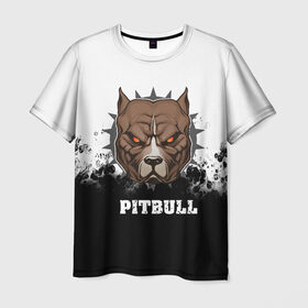 Мужская футболка 3D с принтом Pitbull в Белгороде, 100% полиэфир | прямой крой, круглый вырез горловины, длина до линии бедер | 3d | dog | pitbull | абстракция | животные | краска | собака | черно белый