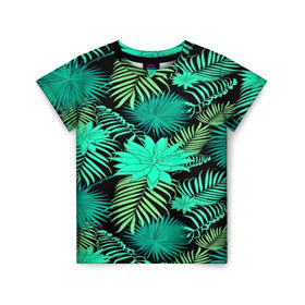 Детская футболка 3D с принтом Tropical pattern в Белгороде, 100% гипоаллергенный полиэфир | прямой крой, круглый вырез горловины, длина до линии бедер, чуть спущенное плечо, ткань немного тянется | 3d | арт | лето | листья | пальмы | текстура | узор | цветы