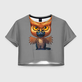 Женская футболка 3D укороченная с принтом Совокот в Белгороде, 100% полиэстер | круглая горловина, длина футболки до линии талии, рукава с отворотами | cat | craft the world | owl | кот | кошка | птица | сова