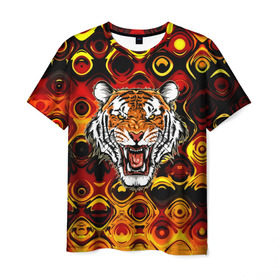 Мужская футболка 3D с принтом Тигр в Белгороде, 100% полиэфир | прямой крой, круглый вырез горловины, длина до линии бедер | Тематика изображения на принте: 3d | abstraction | tiger | абстракция | голова животного | клыки | котята | кошки | крик | полосатый | тигр