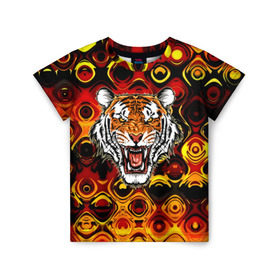 Детская футболка 3D с принтом Тигр в Белгороде, 100% гипоаллергенный полиэфир | прямой крой, круглый вырез горловины, длина до линии бедер, чуть спущенное плечо, ткань немного тянется | 3d | abstraction | tiger | абстракция | голова животного | клыки | котята | кошки | крик | полосатый | тигр