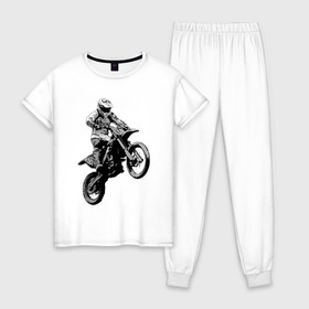 Женская пижама хлопок с принтом Мотокросс в Белгороде, 100% хлопок | брюки и футболка прямого кроя, без карманов, на брюках мягкая резинка на поясе и по низу штанин | 3d | арт | байк | краска | мотокросс | мотоцикл | прикольные | цветные
