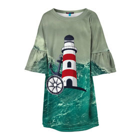 Детское платье 3D с принтом Морской в Белгороде, 100% полиэстер | прямой силуэт, чуть расширенный к низу. Круглая горловина, на рукавах — воланы | 3d | blue | брызги | вмф | вода | военный | волны | исторический | капли | корабль | лето | море | моряк | океан | природа | фрегат | шторм