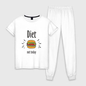 Женская пижама хлопок с принтом Diet Not Today в Белгороде, 100% хлопок | брюки и футболка прямого кроя, без карманов, на брюках мягкая резинка на поясе и по низу штанин | Тематика изображения на принте: булки | бутерброд | гамбургер | диета | еда | жир | зож | картошка фри | котлета | кулинария | кухня | не сегодня | пицца | пп | прикольная надпись | сыр | фастфуд | худею | чизбургер | я на диете