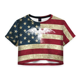 Женская футболка 3D укороченная с принтом Флаг США с белым орлом в Белгороде, 100% полиэстер | круглая горловина, длина футболки до линии талии, рукава с отворотами | Тематика изображения на принте: usa | америка | американец | америки | звездно полосатый | необычный | нью йорк | орел | соединенные | сша | флаг | штаты | янки