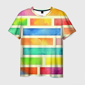 Мужская футболка 3D с принтом Bricks Watercolor в Белгороде, 100% полиэфир | прямой крой, круглый вырез горловины, длина до линии бедер | 3d | watercolor | кирпичики | клетка | радуга | текстуры | цветные линии