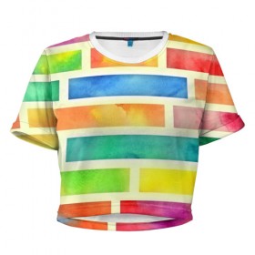 Женская футболка 3D укороченная с принтом Bricks Watercolor в Белгороде, 100% полиэстер | круглая горловина, длина футболки до линии талии, рукава с отворотами | 3d | watercolor | кирпичики | клетка | радуга | текстуры | цветные линии