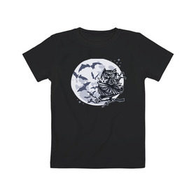 Детская футболка хлопок с принтом Сова ниндзя в Белгороде, 100% хлопок | круглый вырез горловины, полуприлегающий силуэт, длина до линии бедер | ninja | owl | летучие мыши | луна | ночь | сюрикен | филин