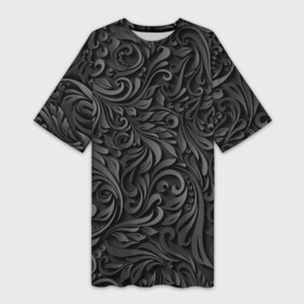 Платье-футболка 3D с принтом Вырезанный Узор в Белгороде,  |  | абстракция | бумага | вензаль | гжель | дерево | деревянный | завиток | заросли | лилия | листь | ночь | резьба | роспись | серый | тени | тропики | хохлома | цветок | цветы | черный
