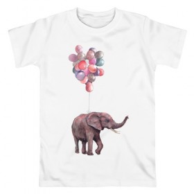 Мужская футболка хлопок с принтом Слоник-подарок в Белгороде, 100% хлопок | прямой крой, круглый вырез горловины, длина до линии бедер, слегка спущенное плечо. | акварель | воздушные шары | легкость | подарок | слон | слоник | шарики | шары