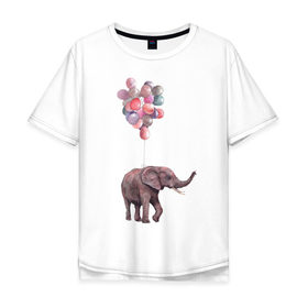 Мужская футболка хлопок Oversize с принтом Слоник-подарок в Белгороде, 100% хлопок | свободный крой, круглый ворот, “спинка” длиннее передней части | акварель | воздушные шары | легкость | подарок | слон | слоник | шарики | шары